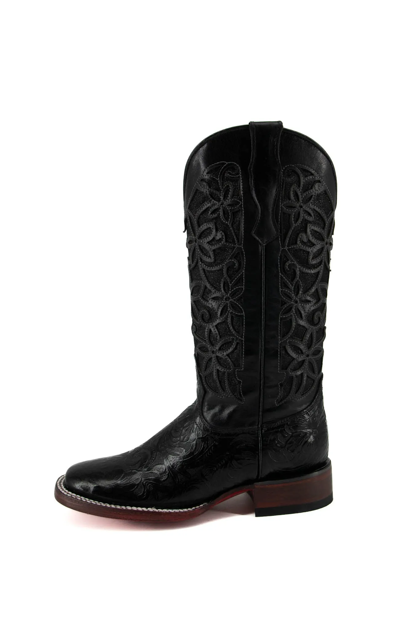 465 Flor De Luz Cincelado Negro Red Bottom Square Toe Cowgirl Boot