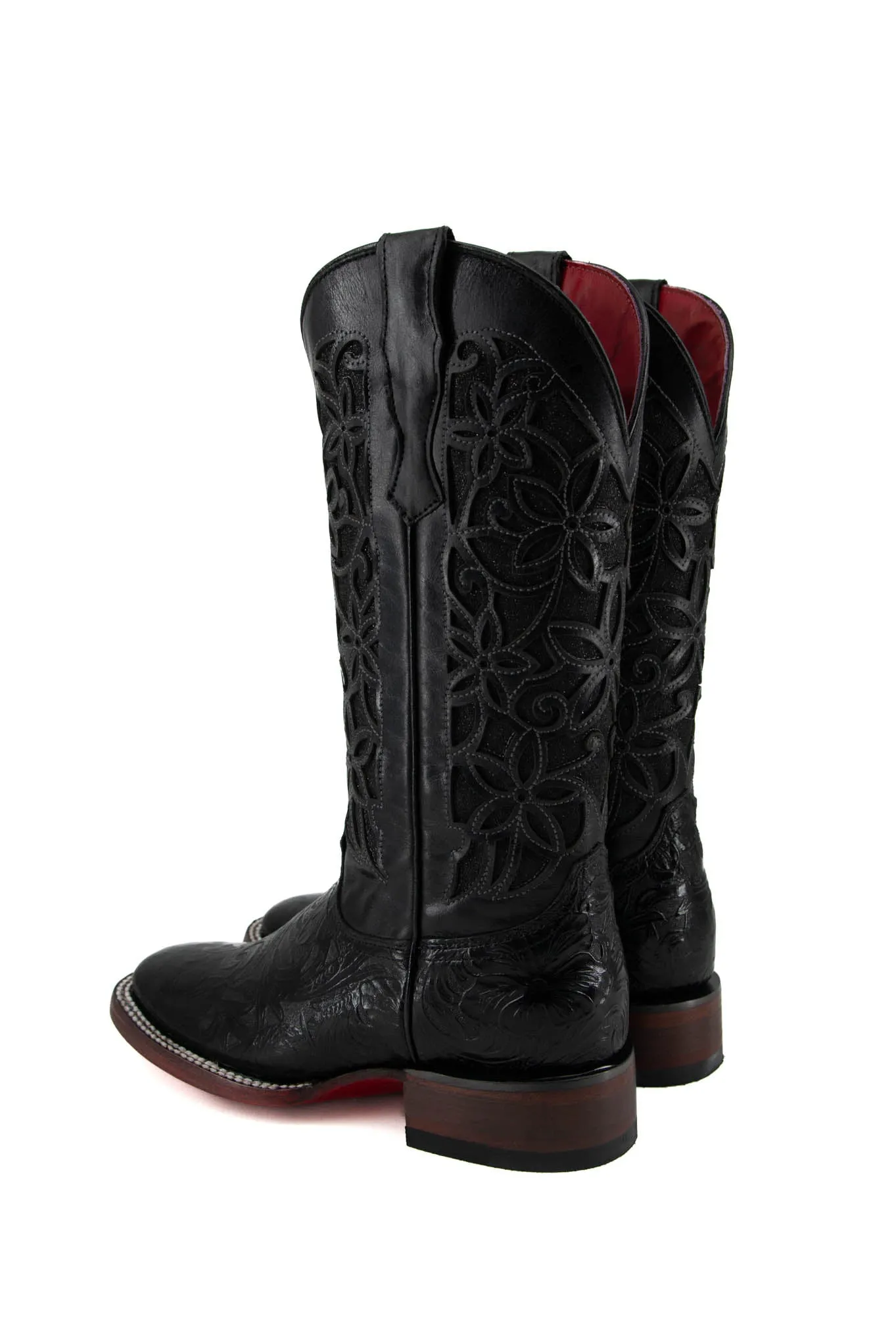465 Flor De Luz Cincelado Negro Red Bottom Square Toe Cowgirl Boot