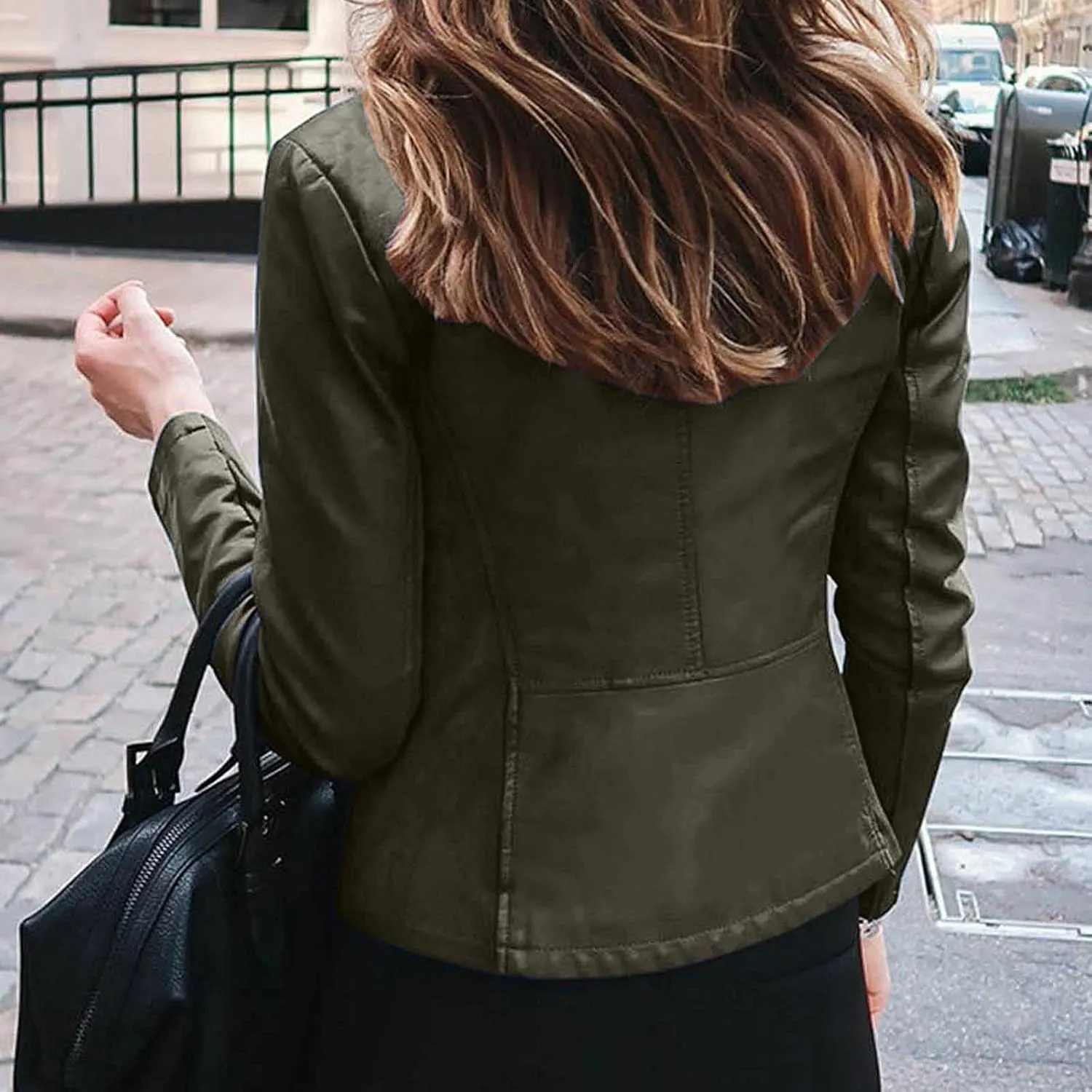 5665 Womens Winter Leather Jackets Black Zip Motorcycle Jacket Quilted Lightweight Coat Vegan Pu Leather Outerwear