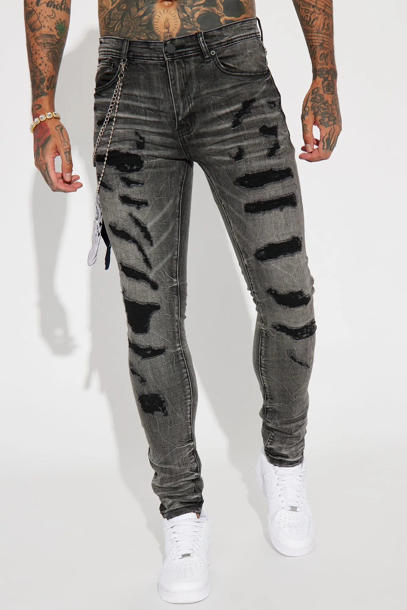 About It Bandana Chain Stacked Skinny Jeans - Black Wash