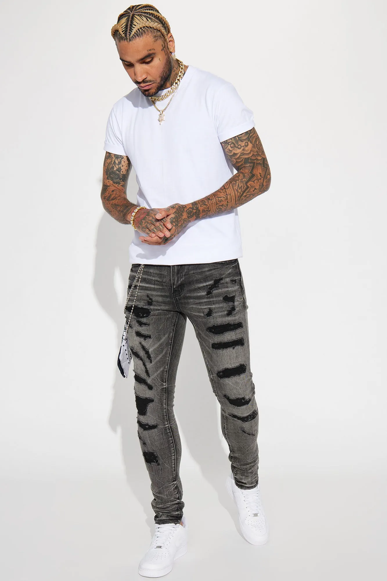 About It Bandana Chain Stacked Skinny Jeans - Black Wash