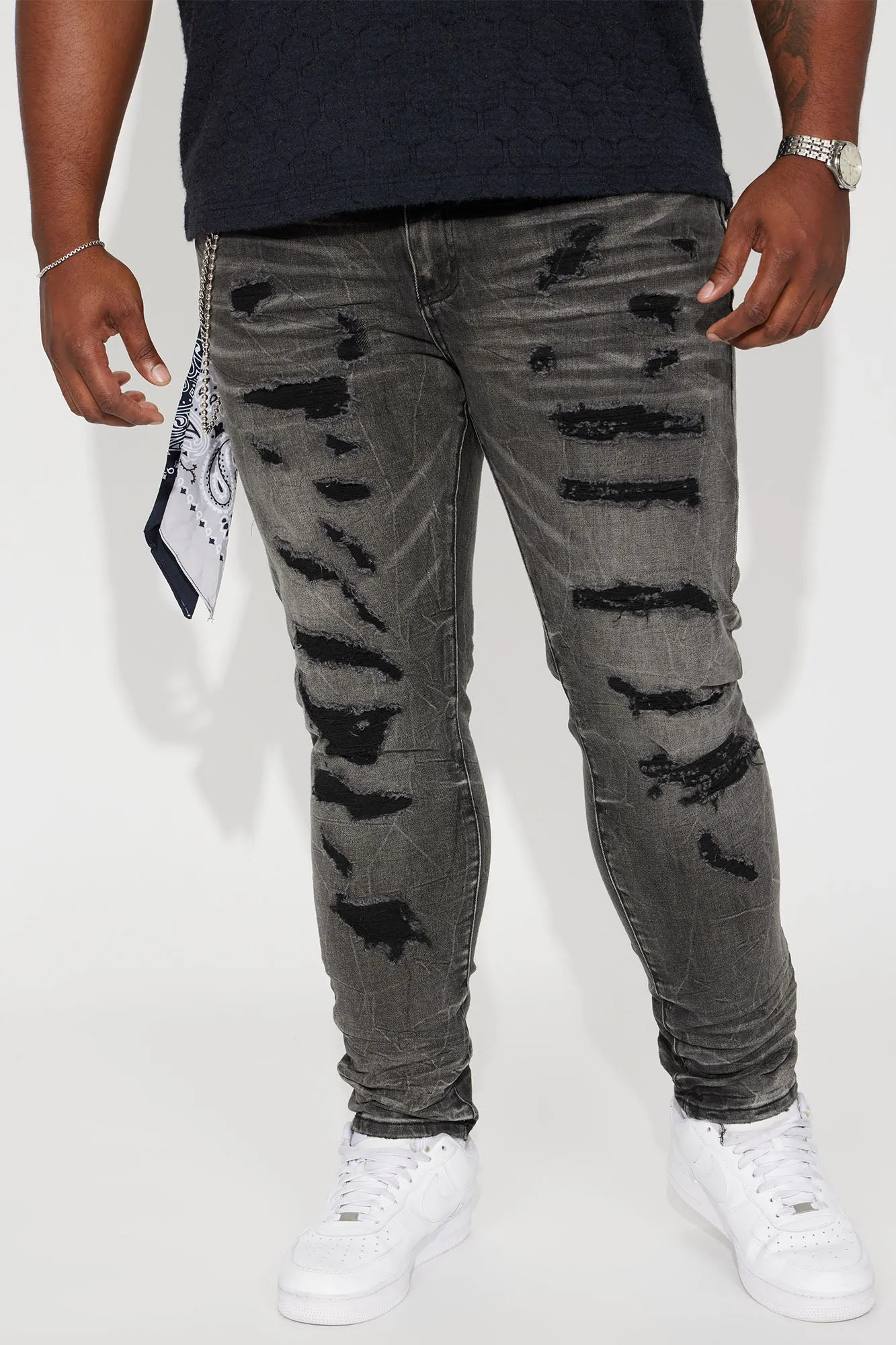About It Bandana Chain Stacked Skinny Jeans - Black Wash