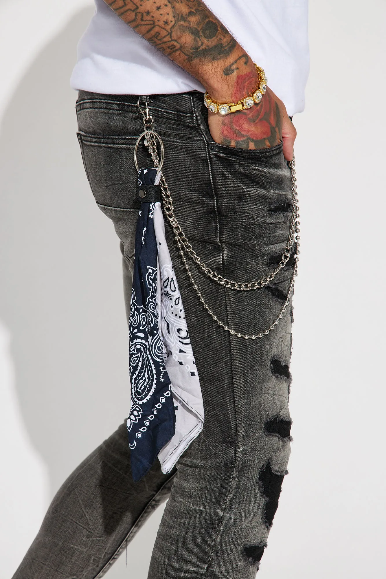 About It Bandana Chain Stacked Skinny Jeans - Black Wash