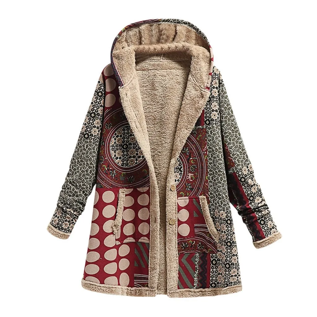 Abrigo chaqueta larga con capucha de lana gruesa con estampado cálido y bolsillo