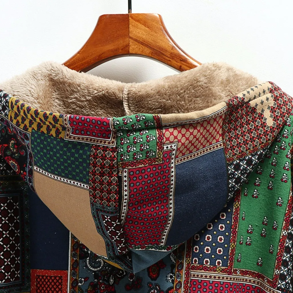Abrigo chaqueta larga con capucha de lana gruesa con estampado cálido y bolsillo