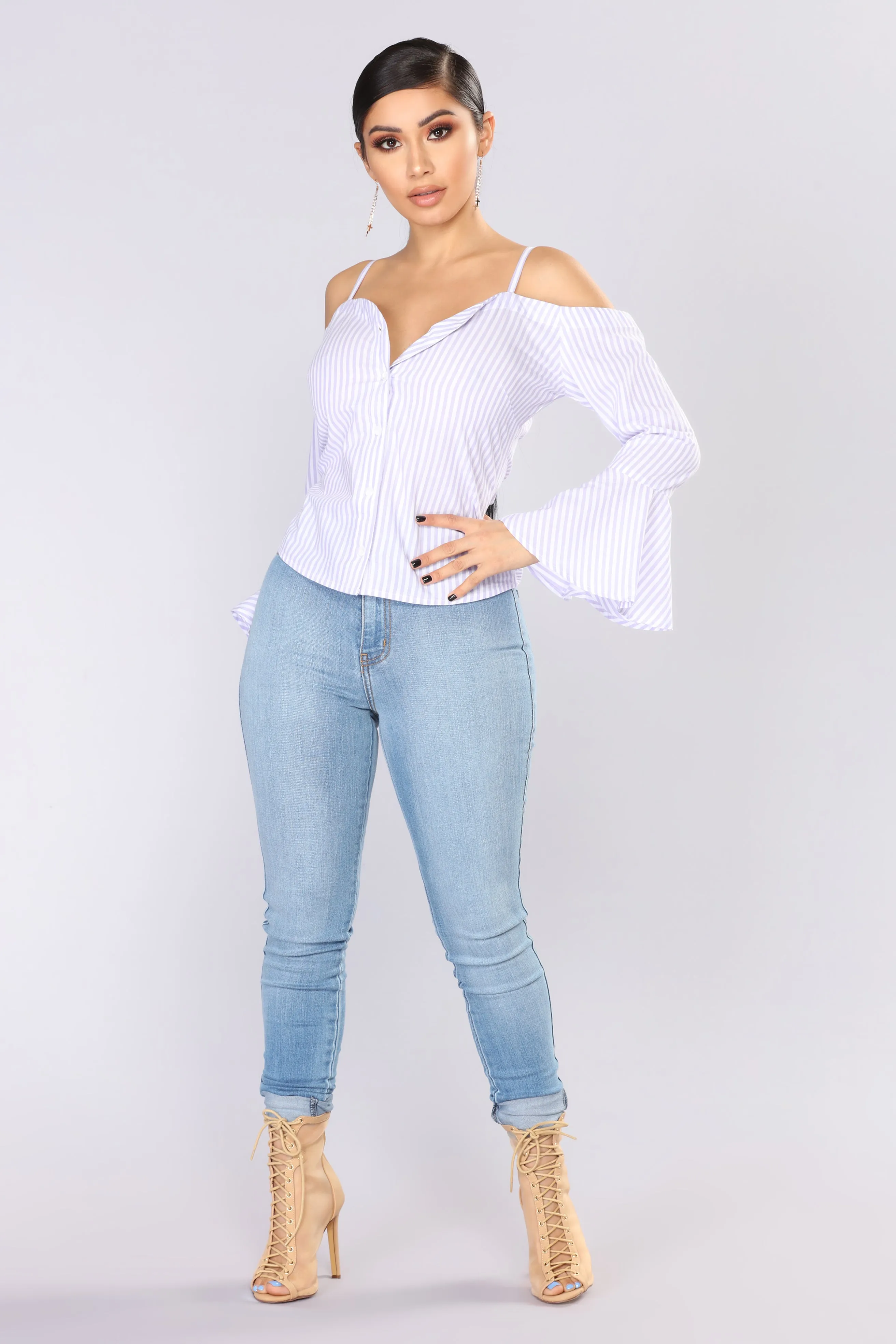 Addilyn Cold Shoulder Top - Lilac/White