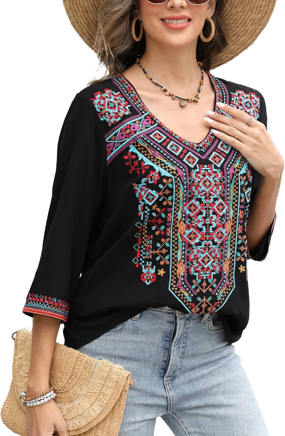 AK Mexican Embroidered Tops for Women Boho Floral 3/4 Sleeve Peasant Blouses Summer Casual Boho Clothes Hippie Shirt