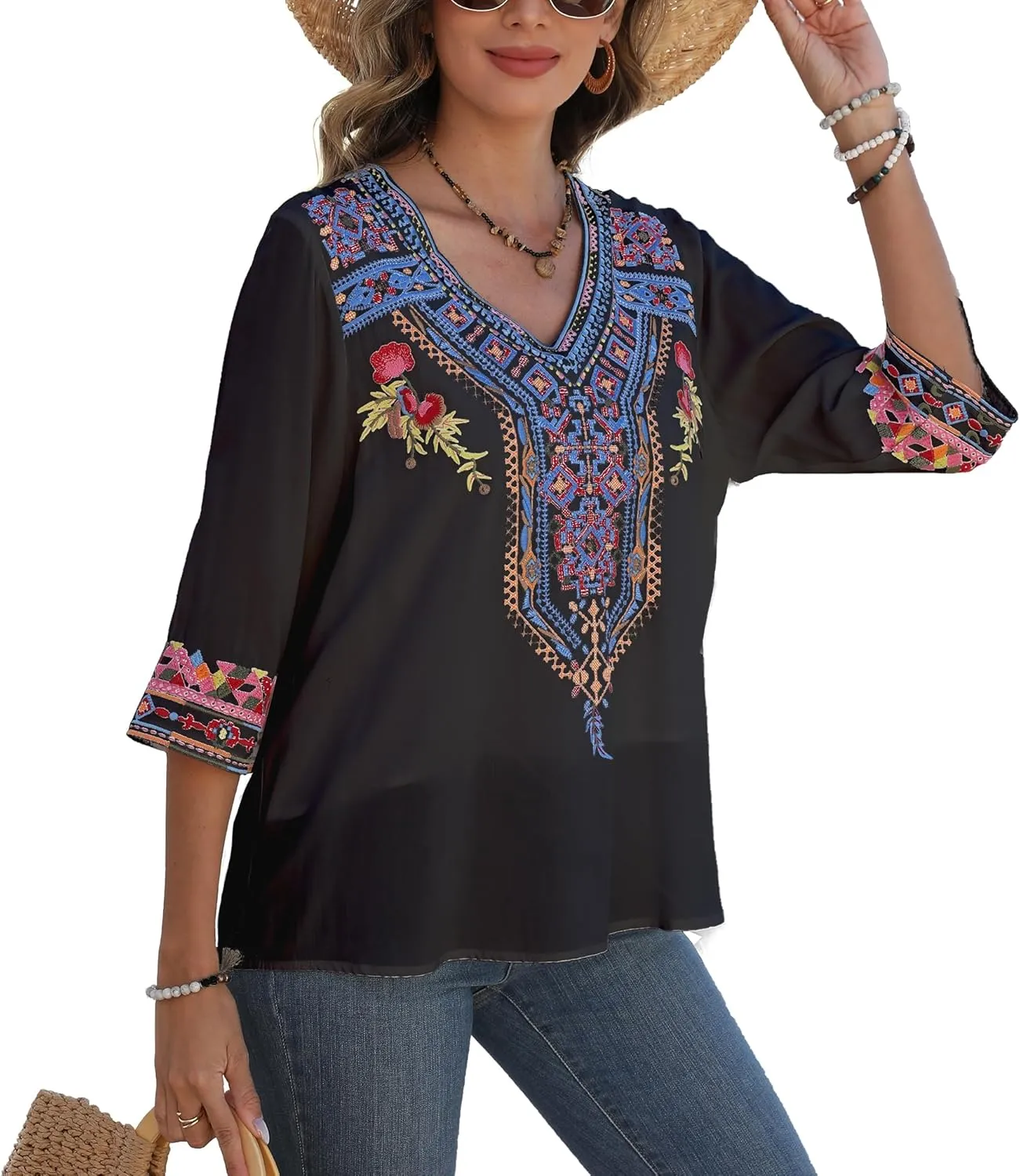 AK Mexican Embroidered Tops for Women Boho Floral 3/4 Sleeve Peasant Blouses Summer Casual Boho Clothes Hippie Shirt