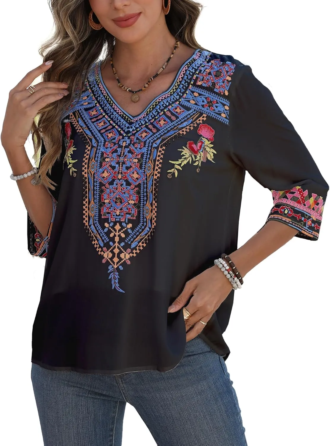 AK Mexican Embroidered Tops for Women Boho Floral 3/4 Sleeve Peasant Blouses Summer Casual Boho Clothes Hippie Shirt
