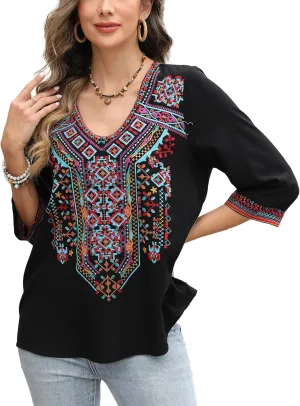 AK Mexican Embroidered Tops for Women Boho Floral 3/4 Sleeve Peasant Blouses Summer Casual Boho Clothes Hippie Shirt