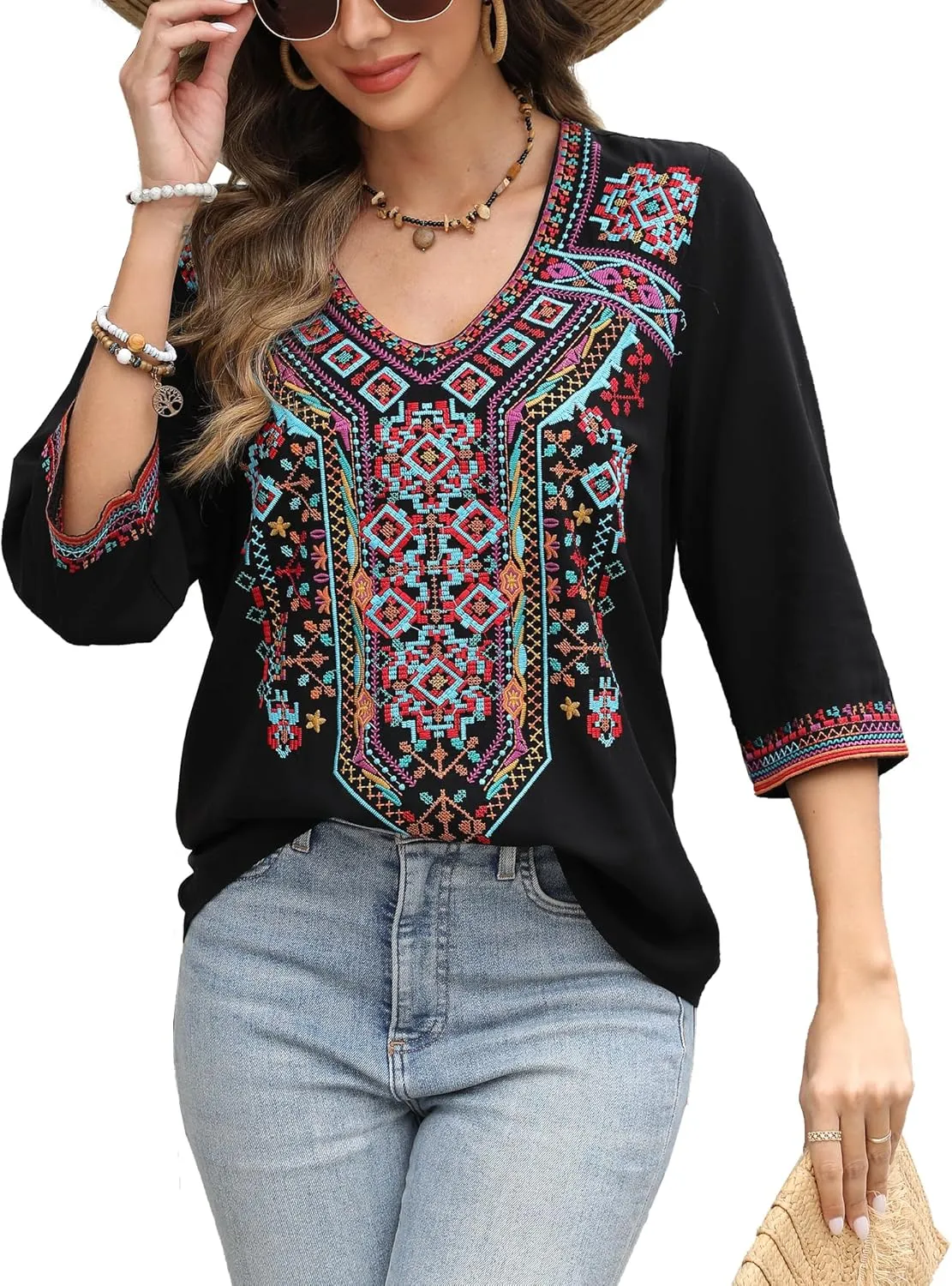 AK Mexican Embroidered Tops for Women Boho Floral 3/4 Sleeve Peasant Blouses Summer Casual Boho Clothes Hippie Shirt