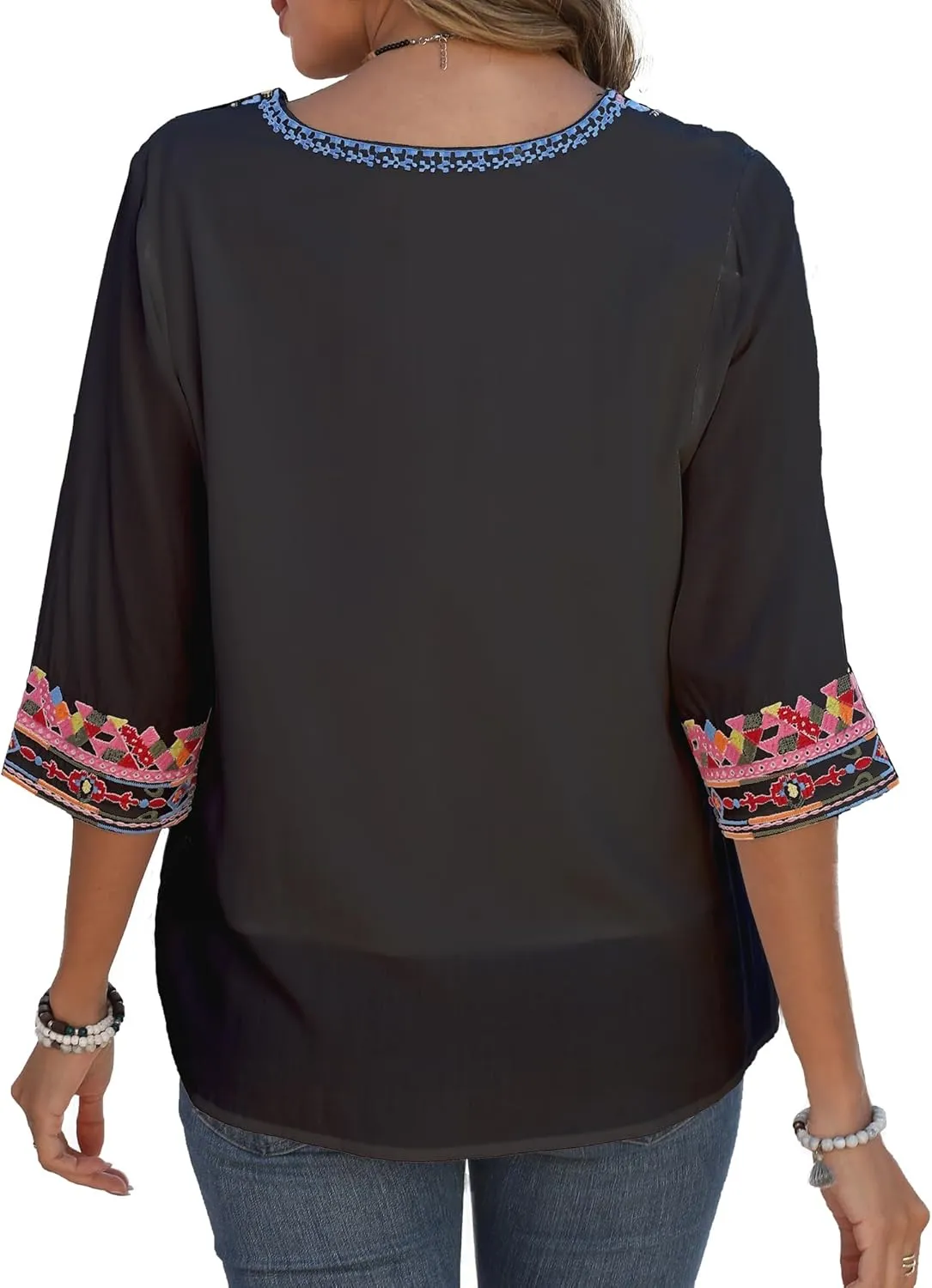 AK Mexican Embroidered Tops for Women Boho Floral 3/4 Sleeve Peasant Blouses Summer Casual Boho Clothes Hippie Shirt