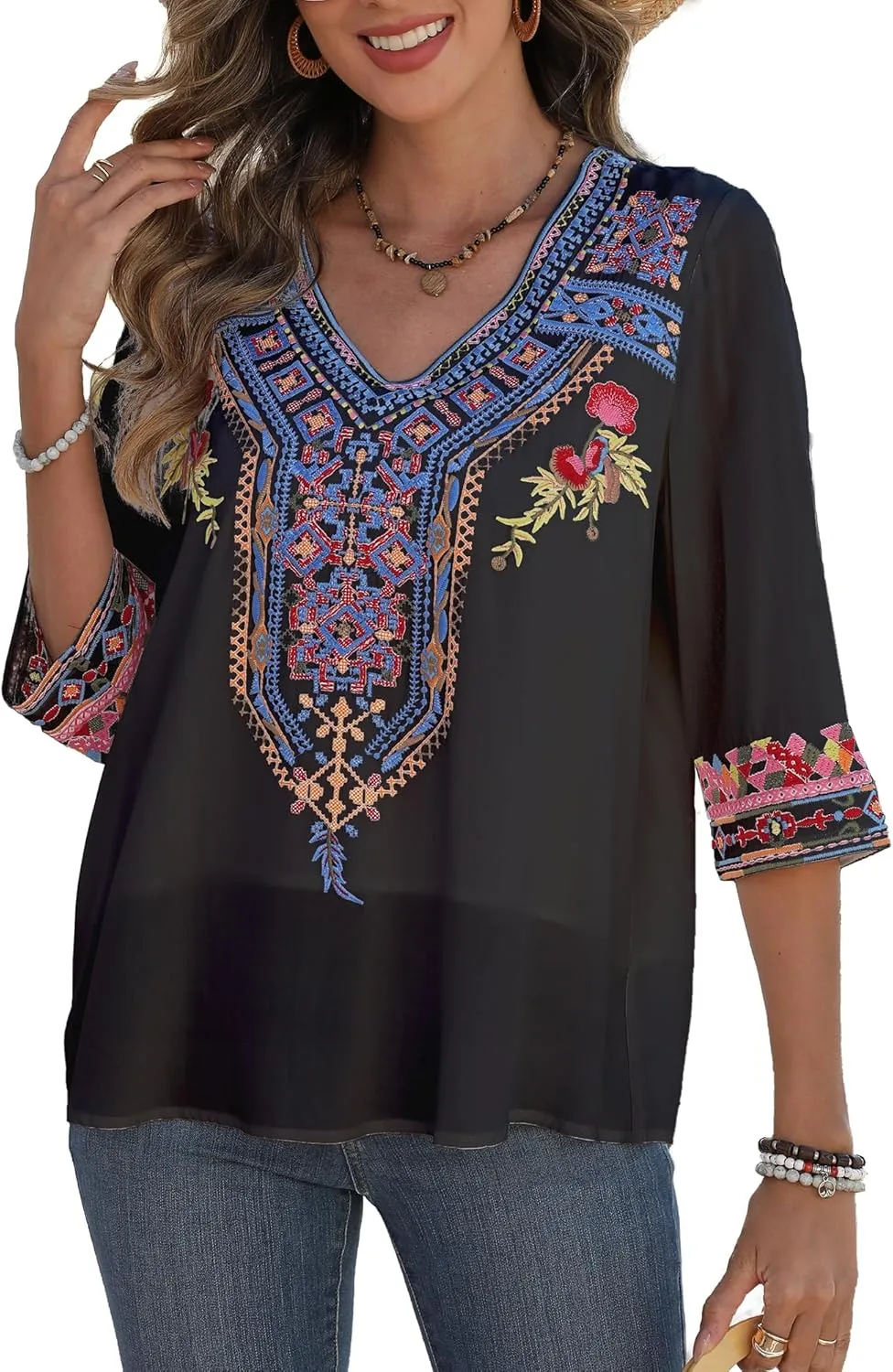 AK Mexican Embroidered Tops for Women Boho Floral 3/4 Sleeve Peasant Blouses Summer Casual Boho Clothes Hippie Shirt