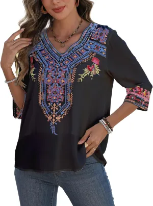 AK Mexican Embroidered Tops for Women Boho Floral 3/4 Sleeve Peasant Blouses Summer Casual Boho Clothes Hippie Shirt