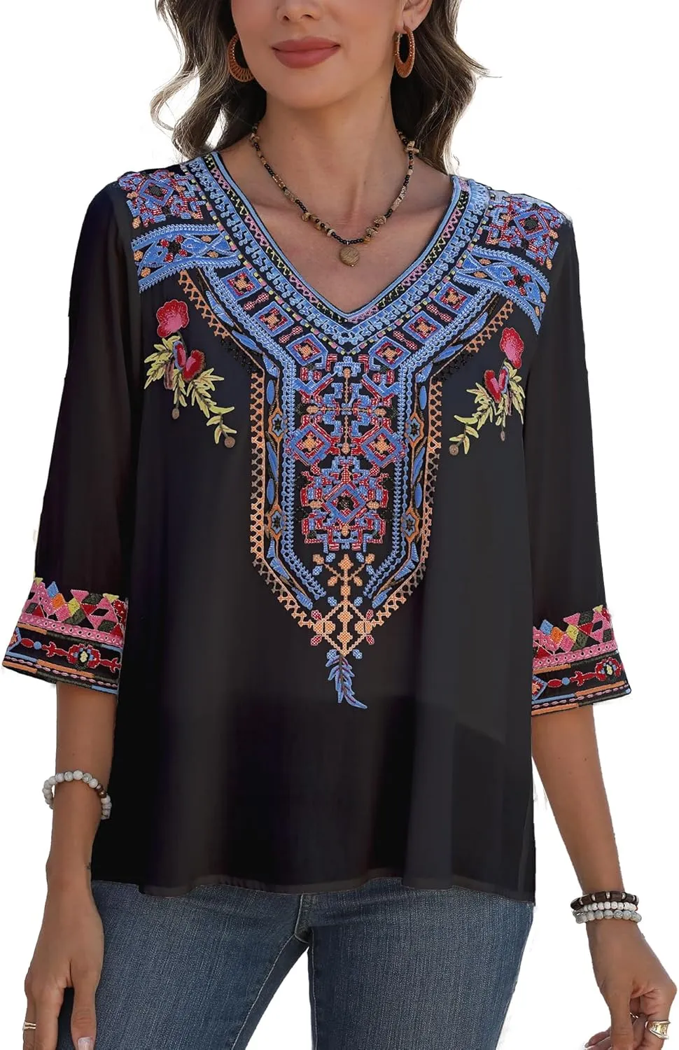 AK Mexican Embroidered Tops for Women Boho Floral 3/4 Sleeve Peasant Blouses Summer Casual Boho Clothes Hippie Shirt