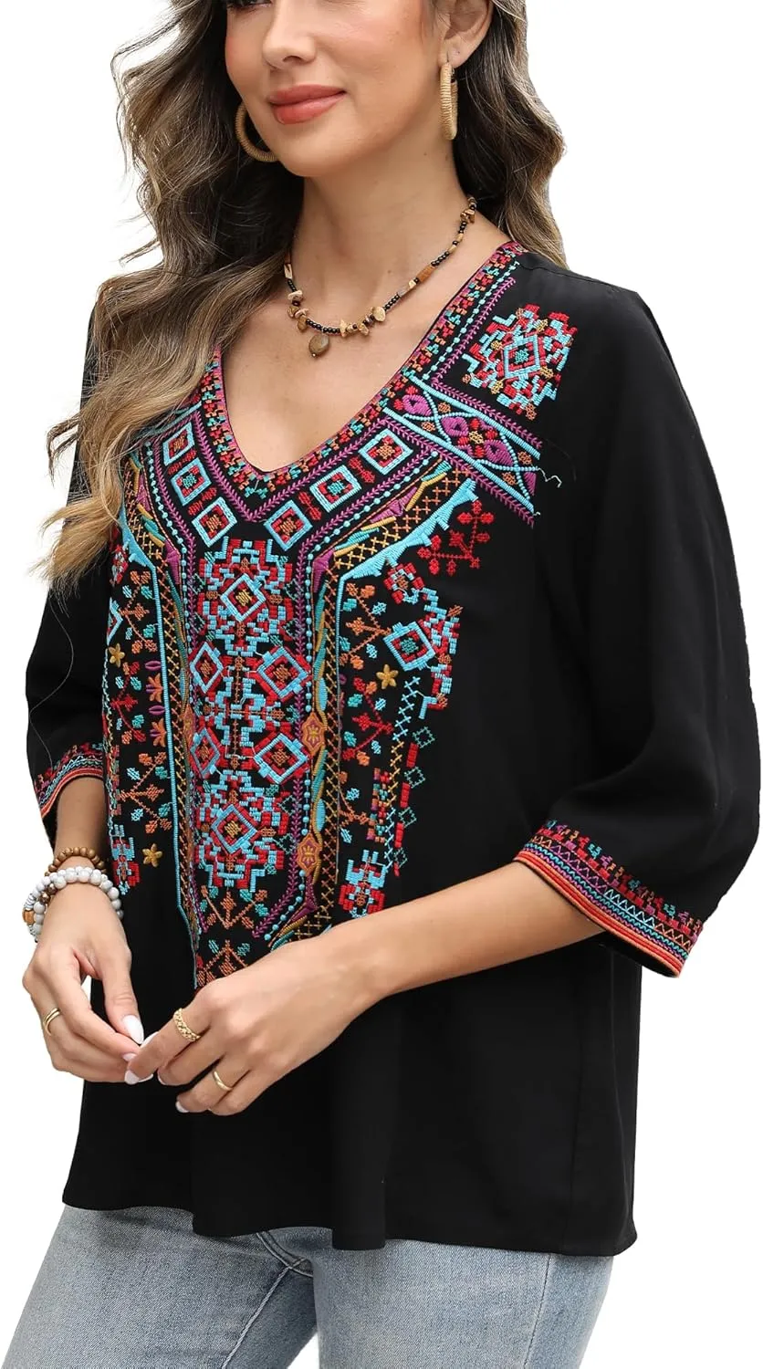 AK Mexican Embroidered Tops for Women Boho Floral 3/4 Sleeve Peasant Blouses Summer Casual Boho Clothes Hippie Shirt