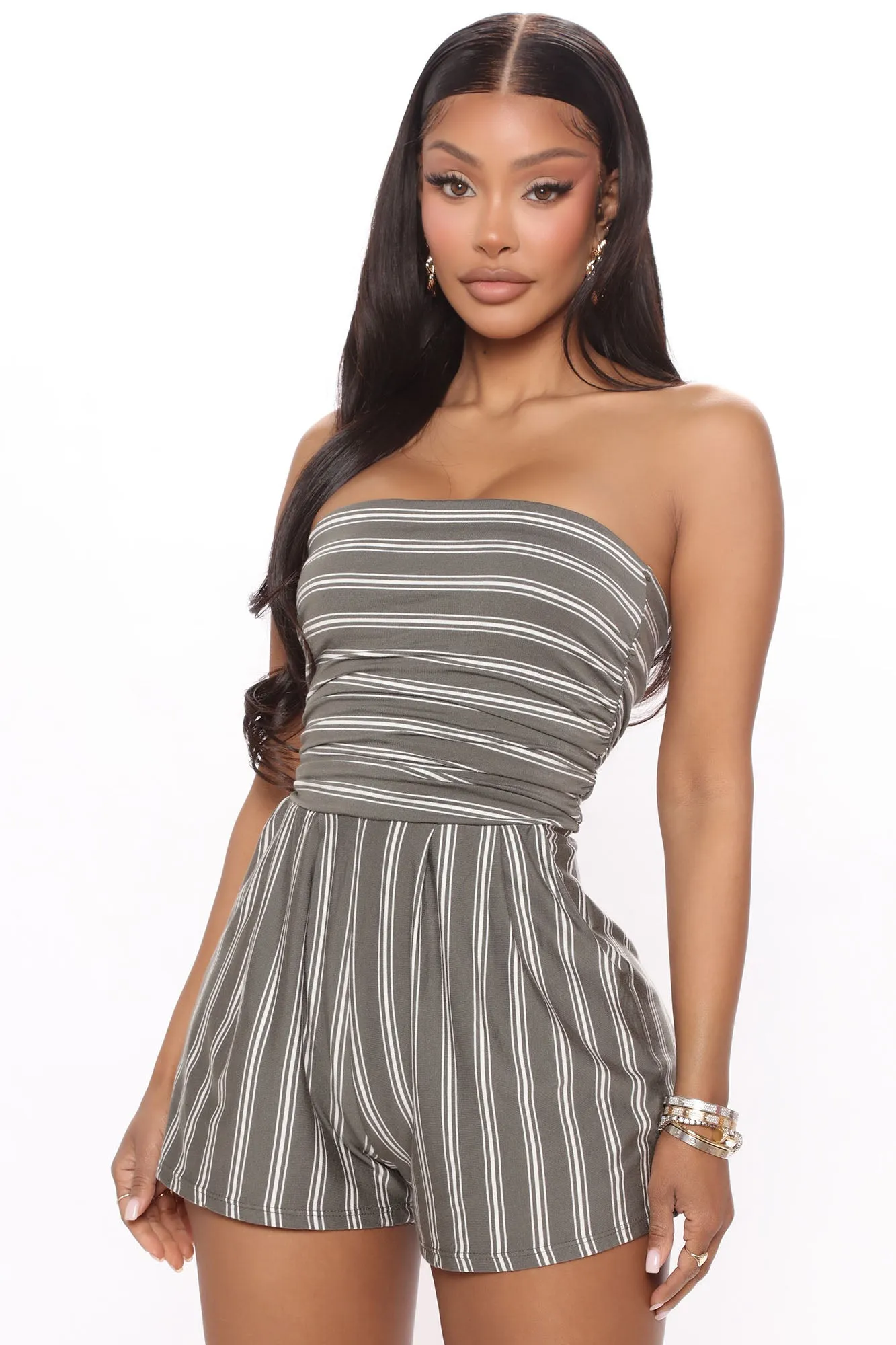 Anchors Away Striped Romper - Olive/combo