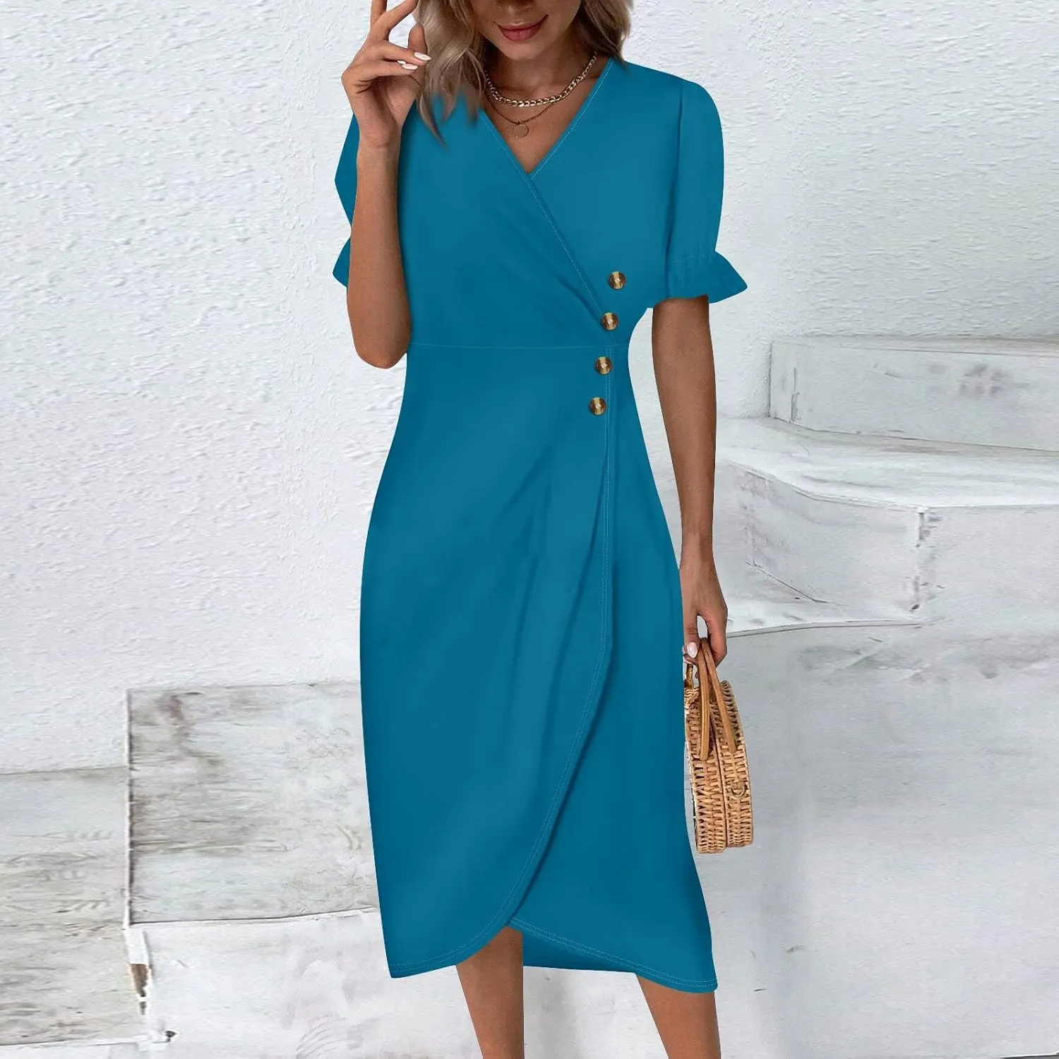Beach Dresses for Women,2025 Spring Trendy Floral Boho Dress,Elegant V Neck Short Sleeve Irregular Hem Midi Dress