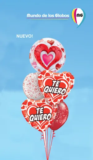 BOUQUET DE CORAZON BUBBLE  y CORAZONES ROJOS METALICO Y LATEX