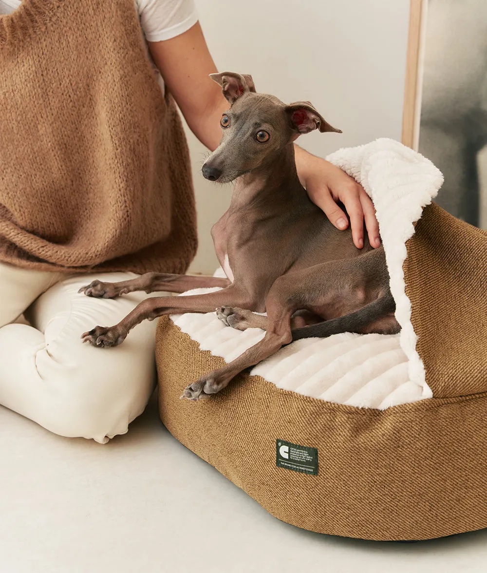 Cama Perro Pana con Capucha Mostaza, Maso