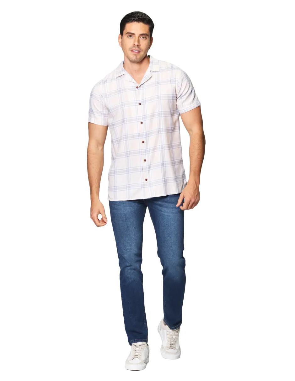 Camisas Para Hombre De Manga Corta De Cuello Abierto Con Estampado De Cuadros Relaxed Fit  B41375 Arena