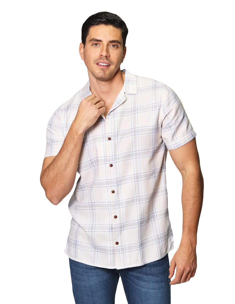 Camisas Para Hombre De Manga Corta De Cuello Abierto Con Estampado De Cuadros Relaxed Fit  B41375 Arena