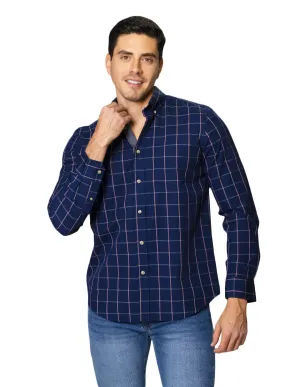 Camisas Para Hombre De Manga Larga Con Estampado De Cuadros Cuello Button Down De Algodon Regular Fit B41103 Marino