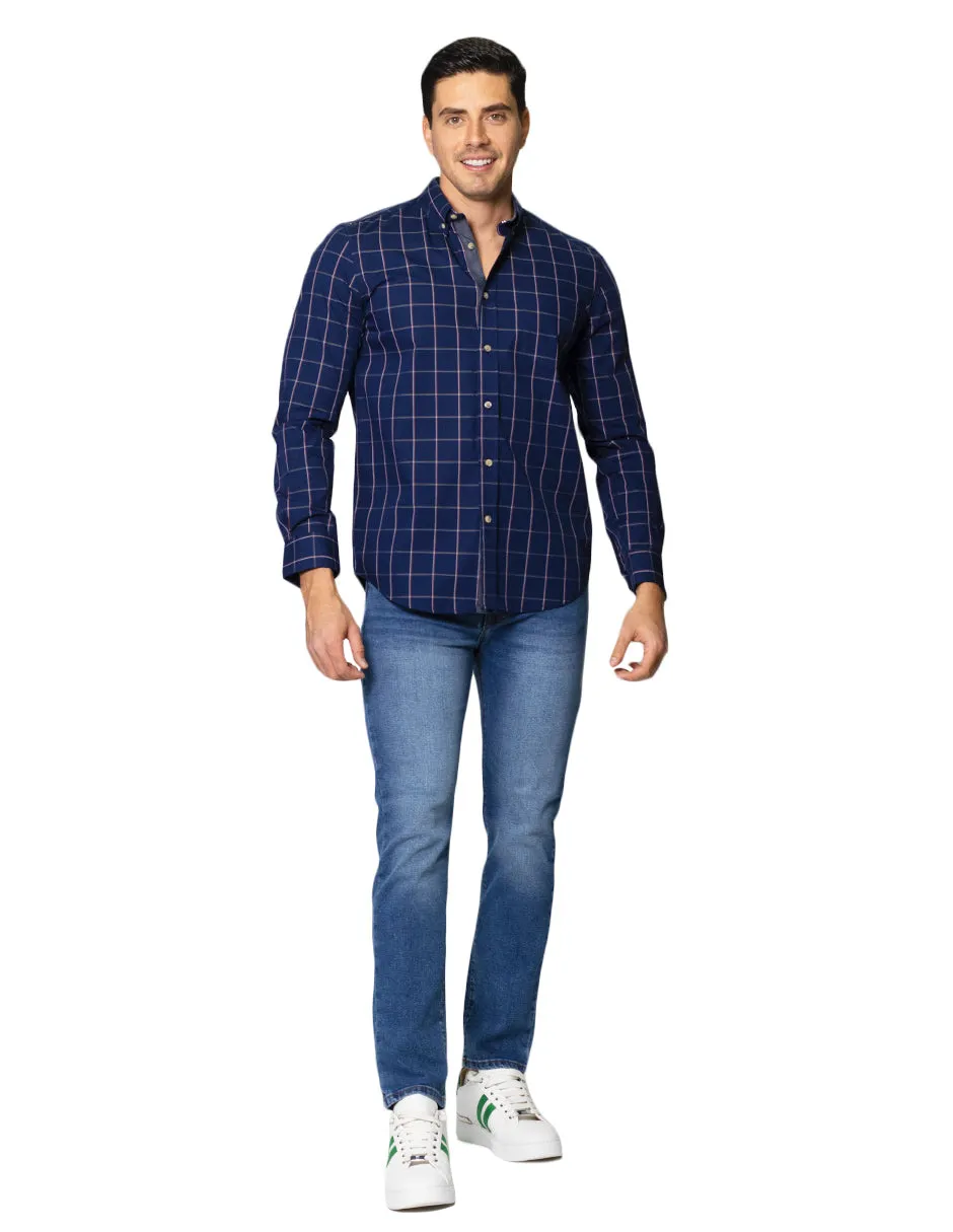 Camisas Para Hombre De Manga Larga Con Estampado De Cuadros Cuello Button Down De Algodon Regular Fit B41103 Marino