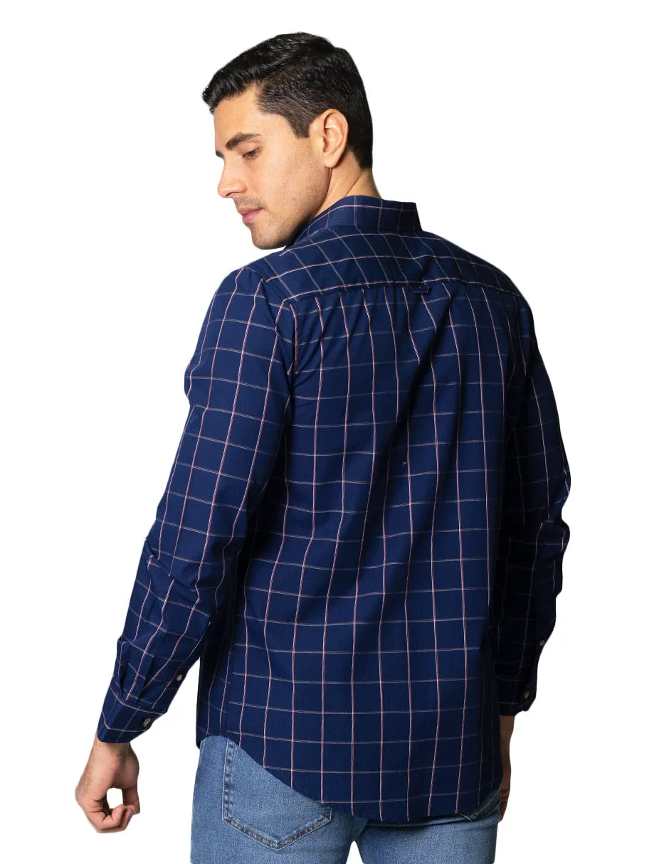 Camisas Para Hombre De Manga Larga Con Estampado De Cuadros Cuello Button Down De Algodon Regular Fit B41103 Marino