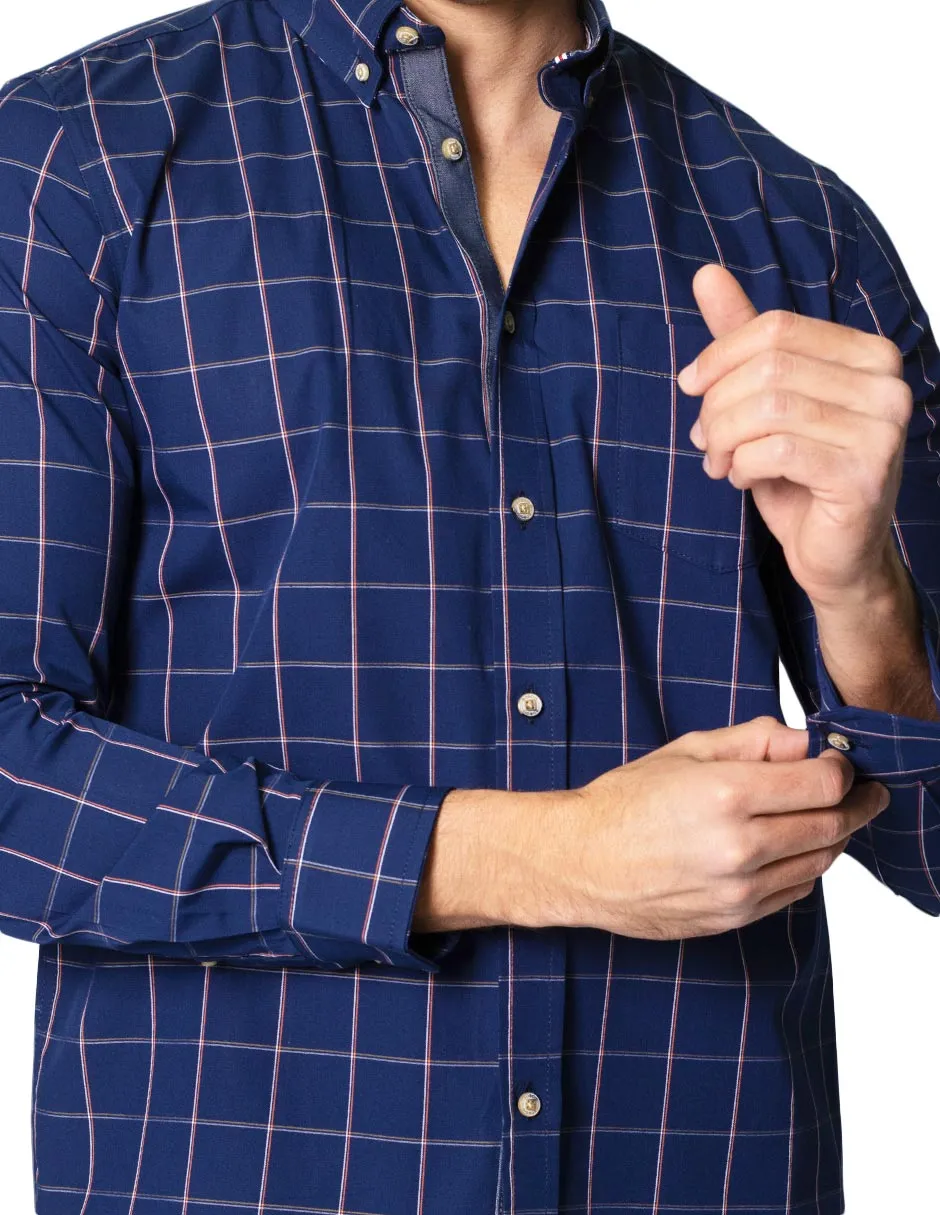 Camisas Para Hombre De Manga Larga Con Estampado De Cuadros Cuello Button Down De Algodon Regular Fit B41103 Marino