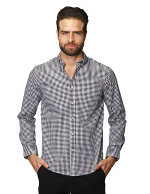 Camisas Para Hombre De Manga Larga Cuello Americano Con Estampado De Cuadros Medianos Regular Fit B41215 Negro