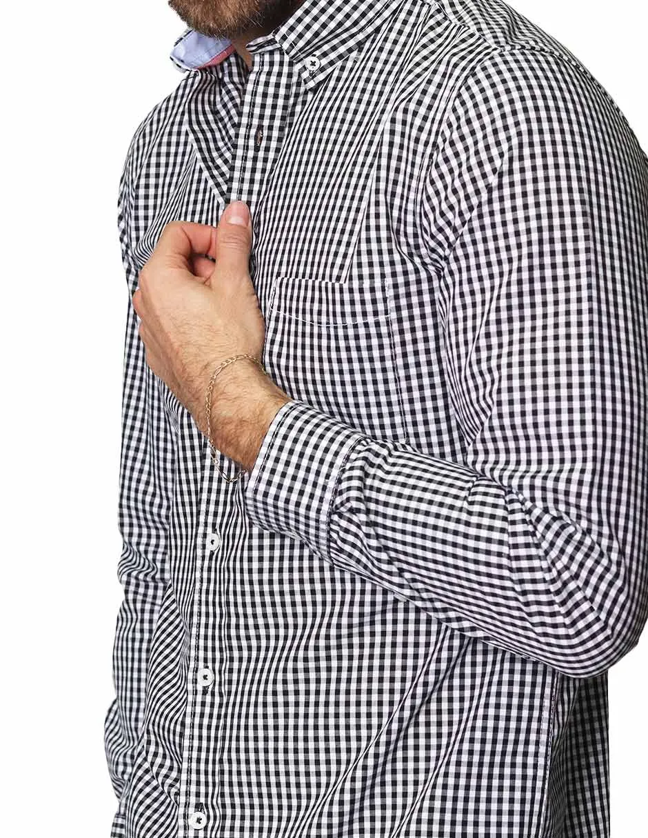 Camisas Para Hombre De Manga Larga Cuello Americano Con Estampado De Cuadros Medianos Regular Fit B41215 Negro