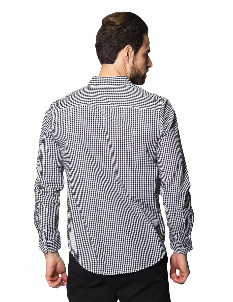 Camisas Para Hombre De Manga Larga Cuello Americano Con Estampado De Cuadros Medianos Regular Fit B41215 Negro