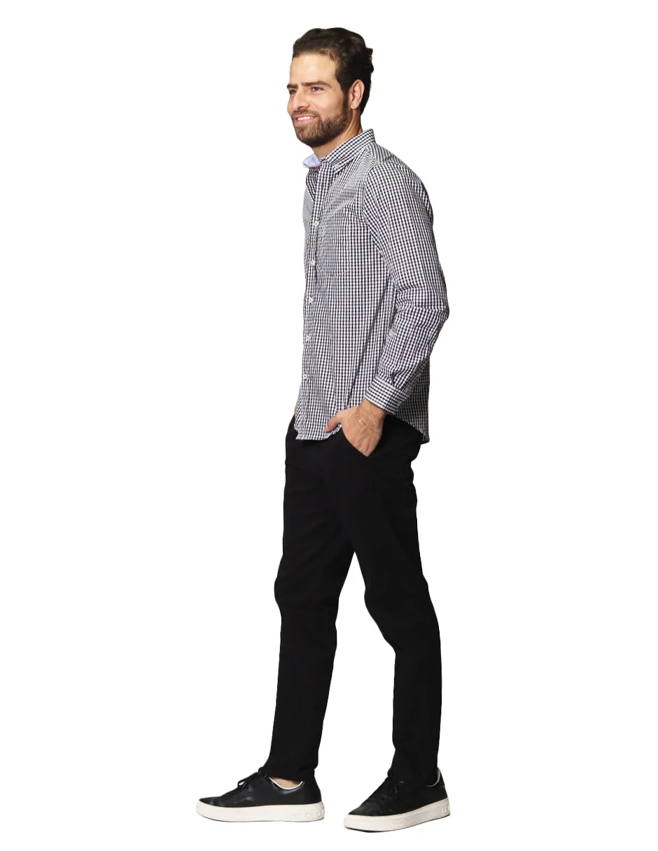 Camisas Para Hombre De Manga Larga Cuello Americano Con Estampado De Cuadros Medianos Regular Fit B41215 Negro