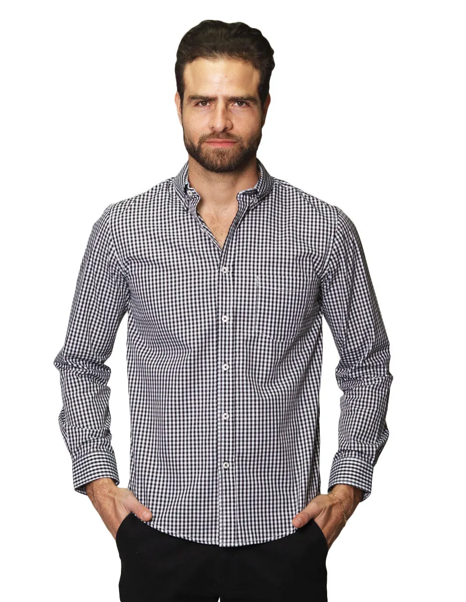 Camisas Para Hombre De Manga Larga Cuello Americano Con Estampado De Cuadros Medianos Regular Fit B41215 Negro
