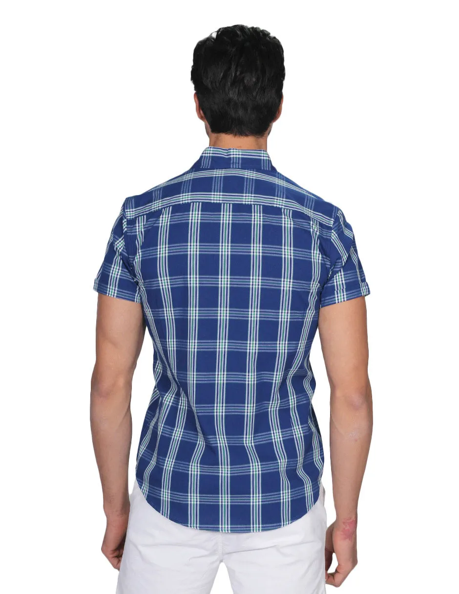 Camisas Para Hombre Manga Corta Cuadros Slim Fit Azul B21152