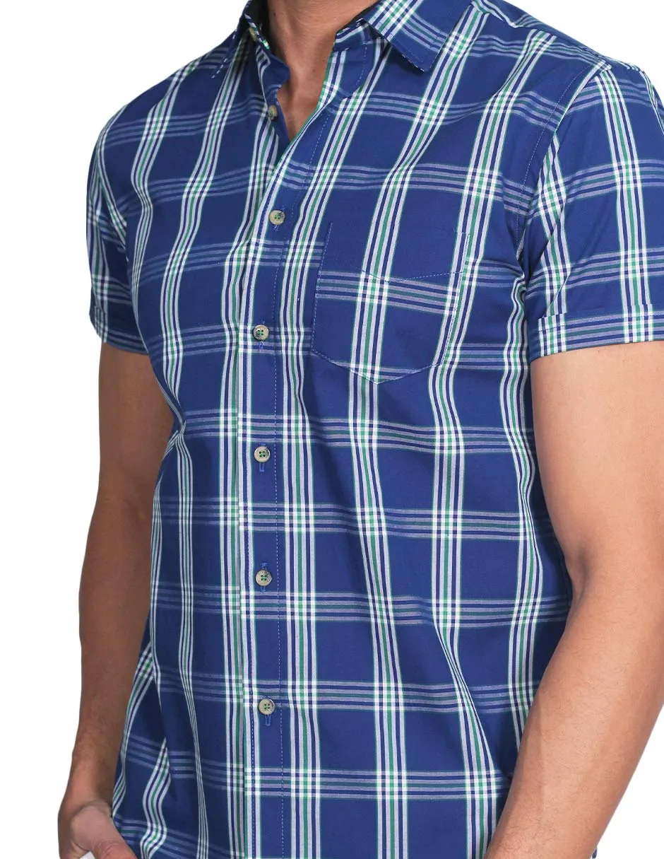 Camisas Para Hombre Manga Corta Cuadros Slim Fit Azul B21152