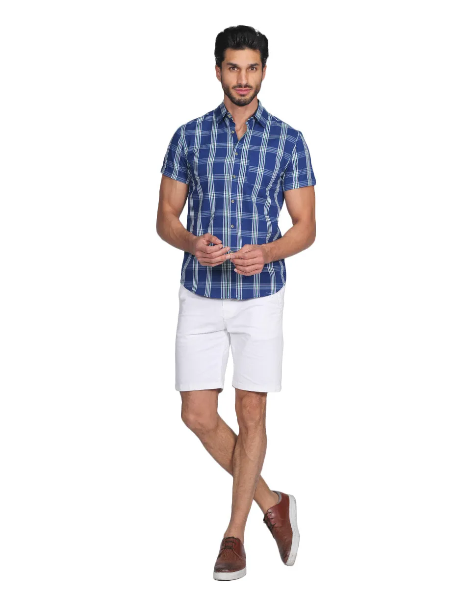 Camisas Para Hombre Manga Corta Cuadros Slim Fit Azul B21152