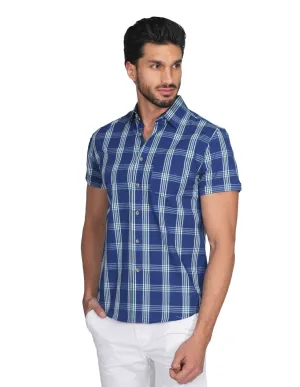 Camisas Para Hombre Manga Corta Cuadros Slim Fit Azul B21152