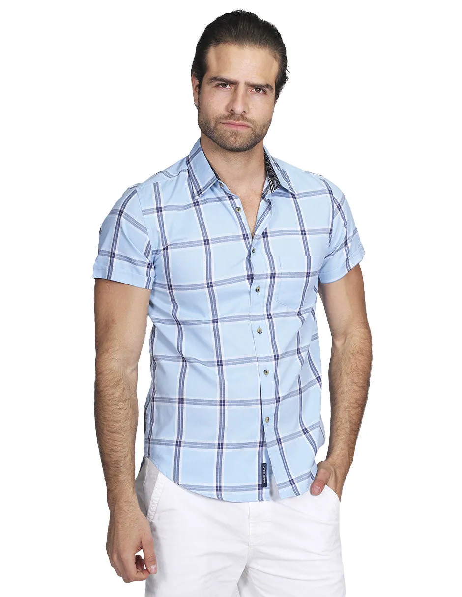 Camisas Para Hombre Manga Corta Cuadros Slim Fit Cielo B21157