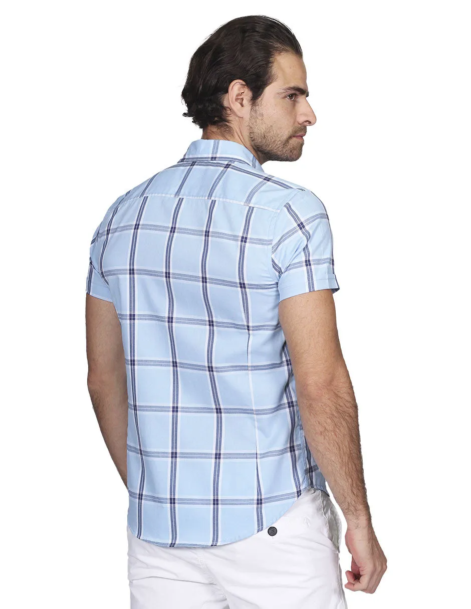 Camisas Para Hombre Manga Corta Cuadros Slim Fit Cielo B21157