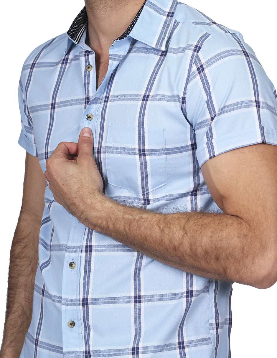 Camisas Para Hombre Manga Corta Cuadros Slim Fit Cielo B21157