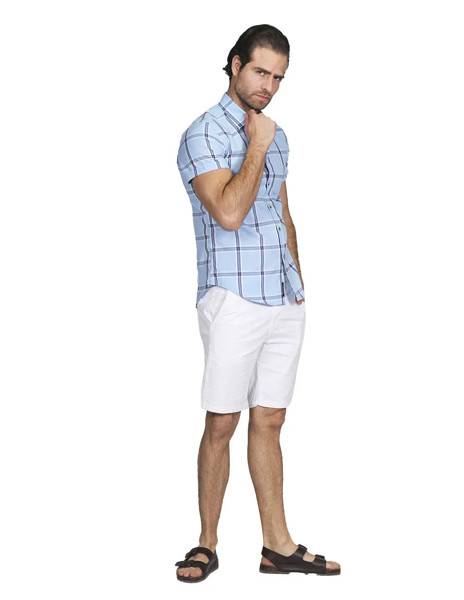 Camisas Para Hombre Manga Corta Cuadros Slim Fit Cielo B21157