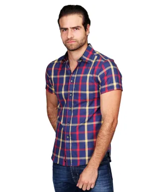 Camisas Para Hombre Manga Corta Cuadros Slim Fit Marino B21156