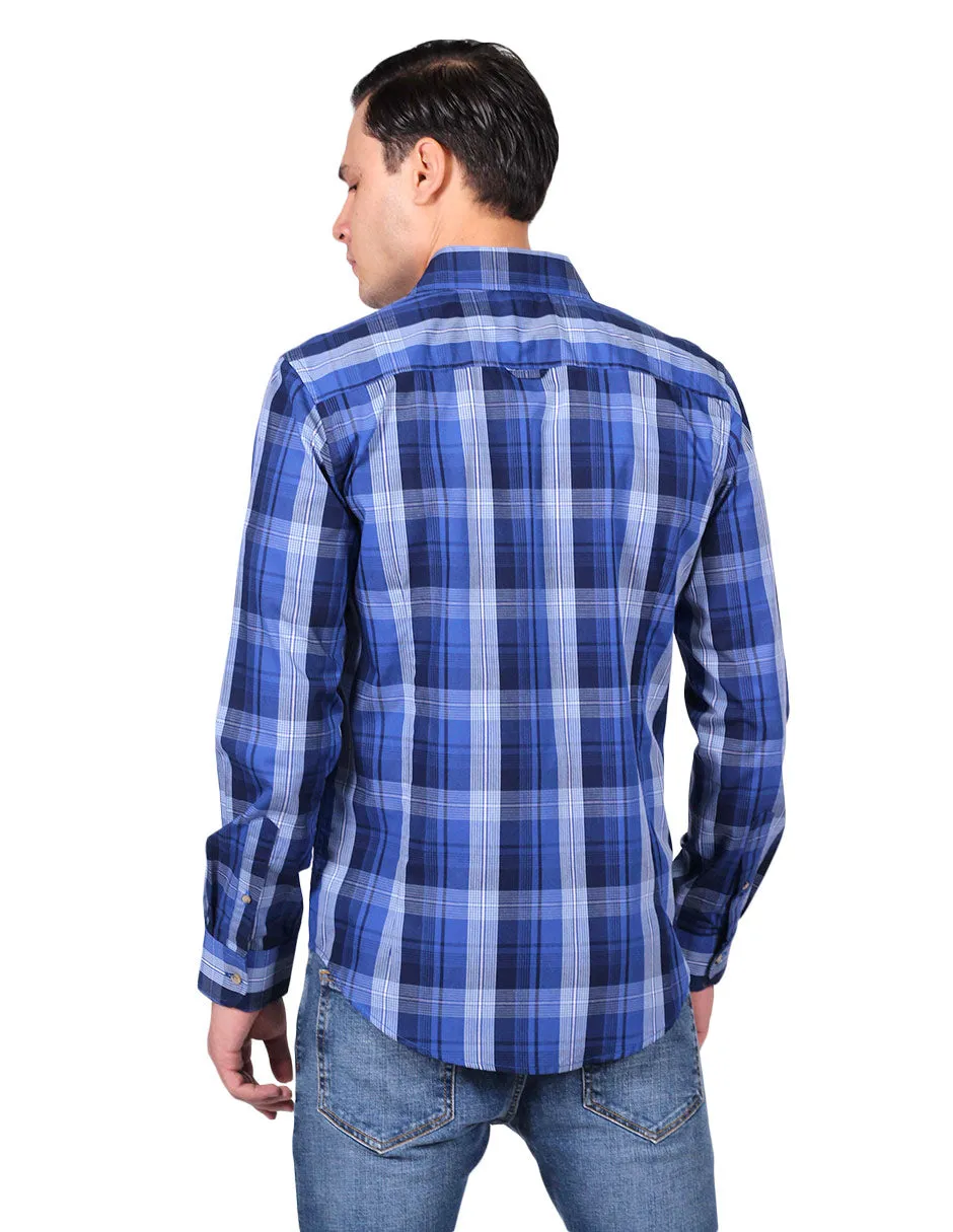 Camisas Para Hombre Manga Larga Cuadros Slim Fit Azul B25104