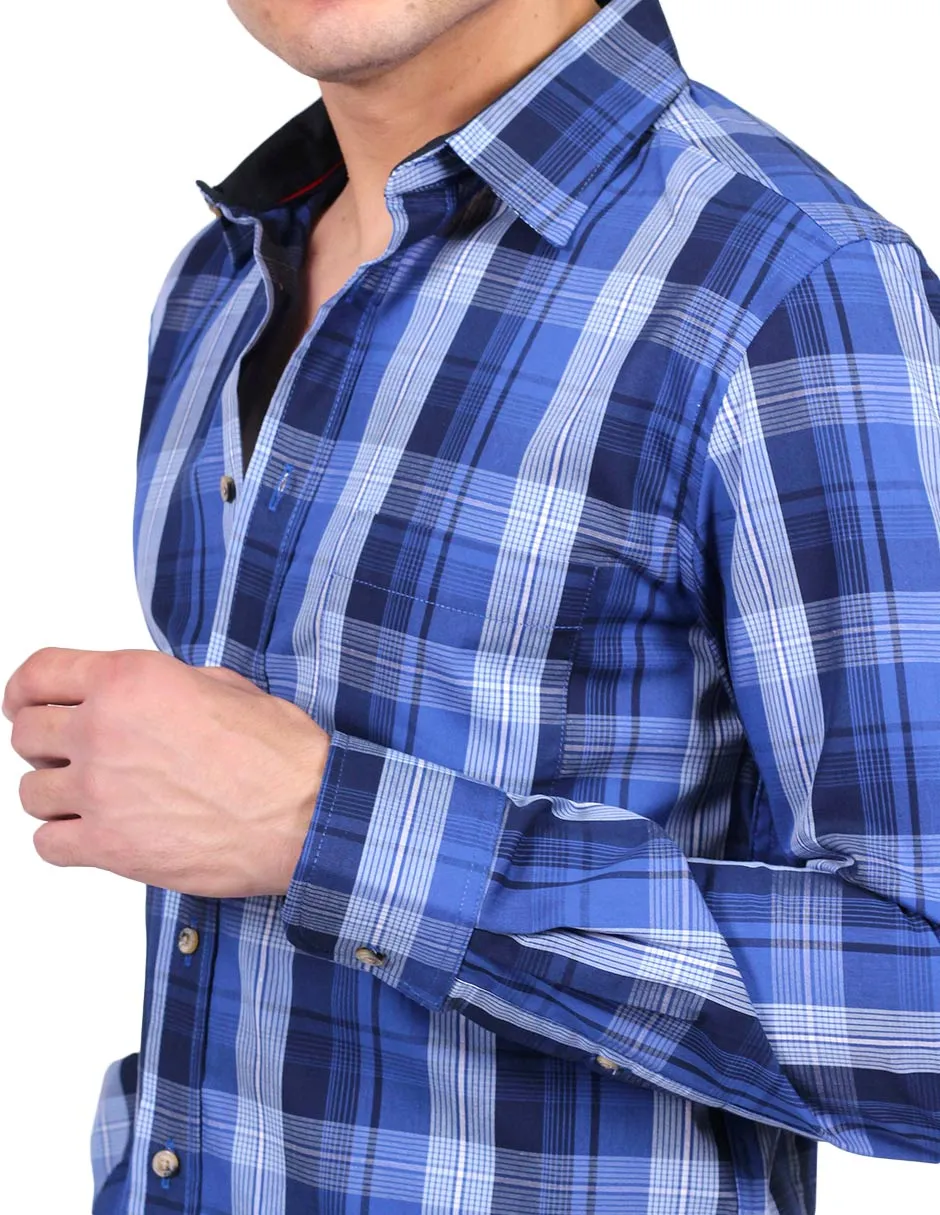 Camisas Para Hombre Manga Larga Cuadros Slim Fit Azul B25104