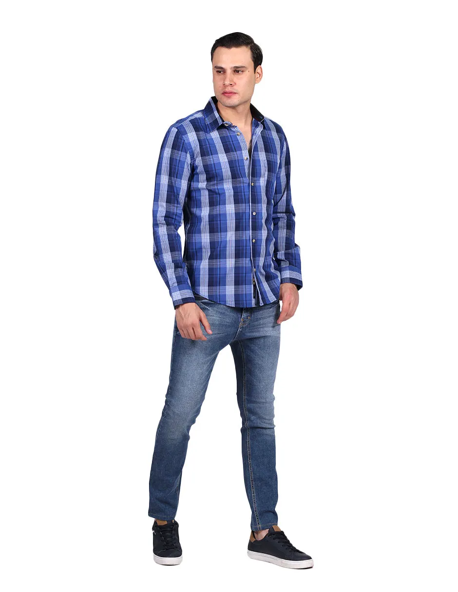 Camisas Para Hombre Manga Larga Cuadros Slim Fit Azul B25104