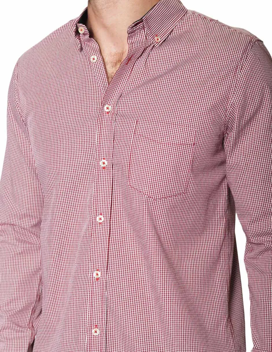 Camisas Para Hombre Manga Larga Micro Cuadros B45202 Vino