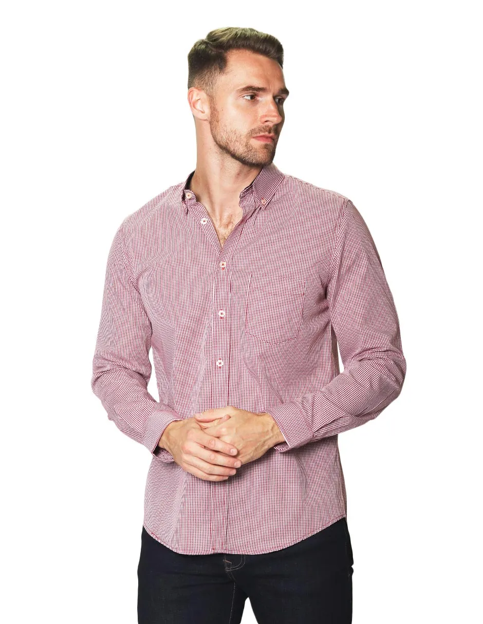 Camisas Para Hombre Manga Larga Micro Cuadros B45202 Vino