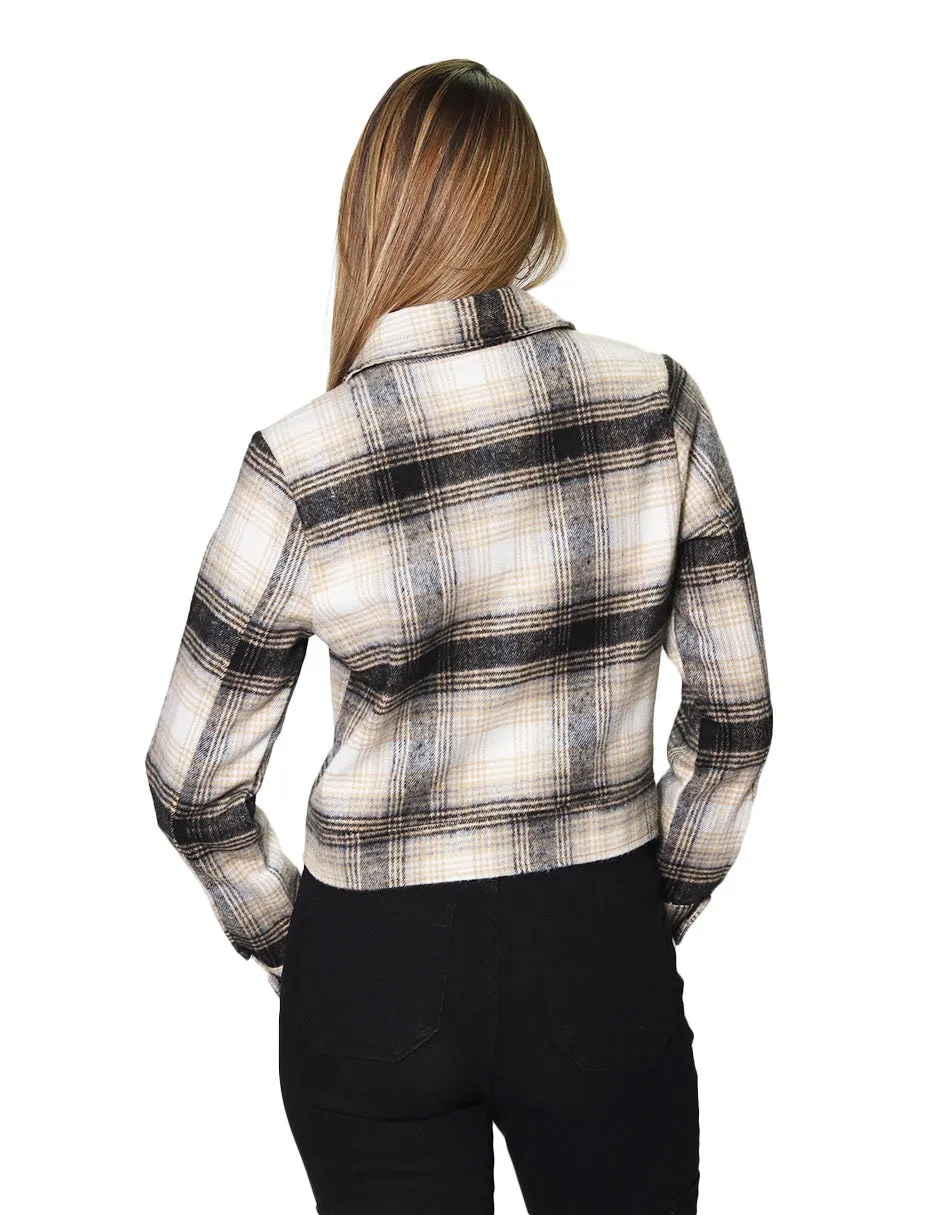 Chamarras Para Mujer Chaqueta Corta Con Estampado De Cuadros De Manga Larga Con Botones Q33101 Negro